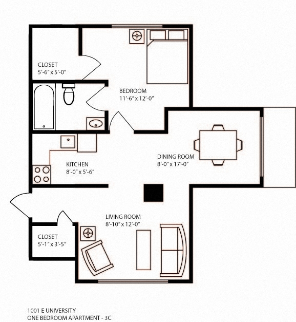 Floor plan for 1 bed, 1 bath, 590 sqft
